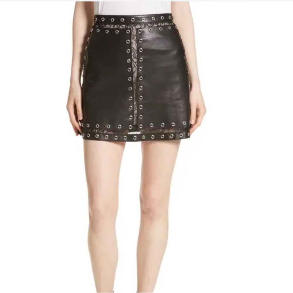 Alice + Olivia Black Leather and Lace Grommet Mini Skirt - Size 8